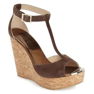 Jimmy Choo Pela Brown Suede Cork Espadrille Wedge